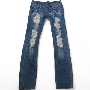 Machine Jeans Nouvelle Mode Distressed Straight Leg Denim Blue Size 30